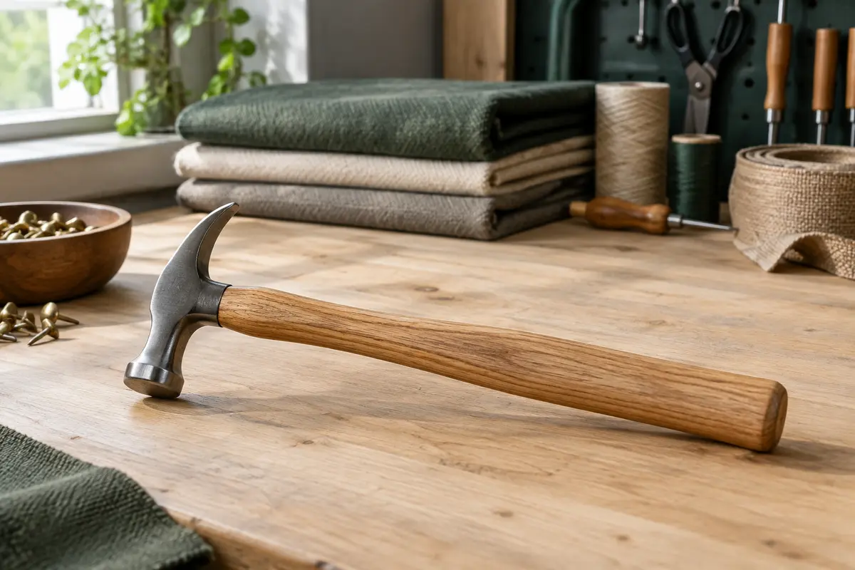 Marteau de tapissier Draper à tête aimantée en acier et manche texturé en hickory, posé sur un établi.