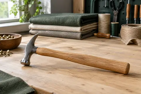 Marteau de tapissier Draper à tête aimantée en acier et manche texturé en hickory, posé sur un établi.