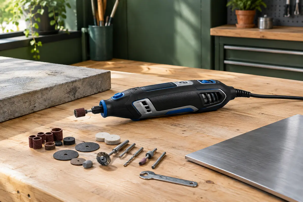 Outil rotatif noir et bleu accompagné de petits accessoires, posé sur un établi en bois dans un atelier.