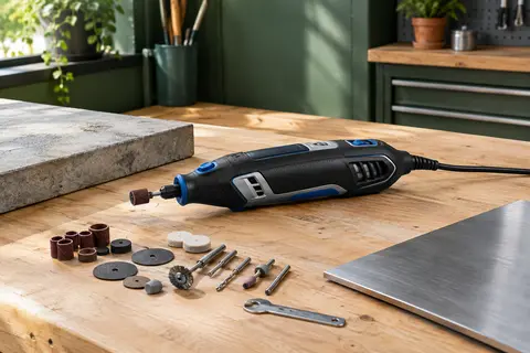 Outil rotatif noir et bleu accompagné de petits accessoires, posé sur un établi en bois dans un atelier.