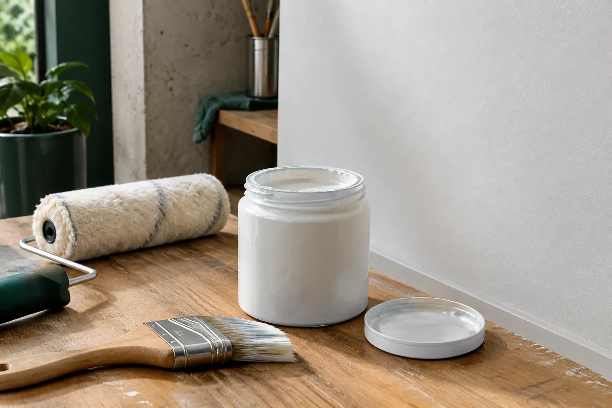 Pot ouvert de peinture blanche satinée près d’un rouleau et d’un pinceau dans un atelier soigné.