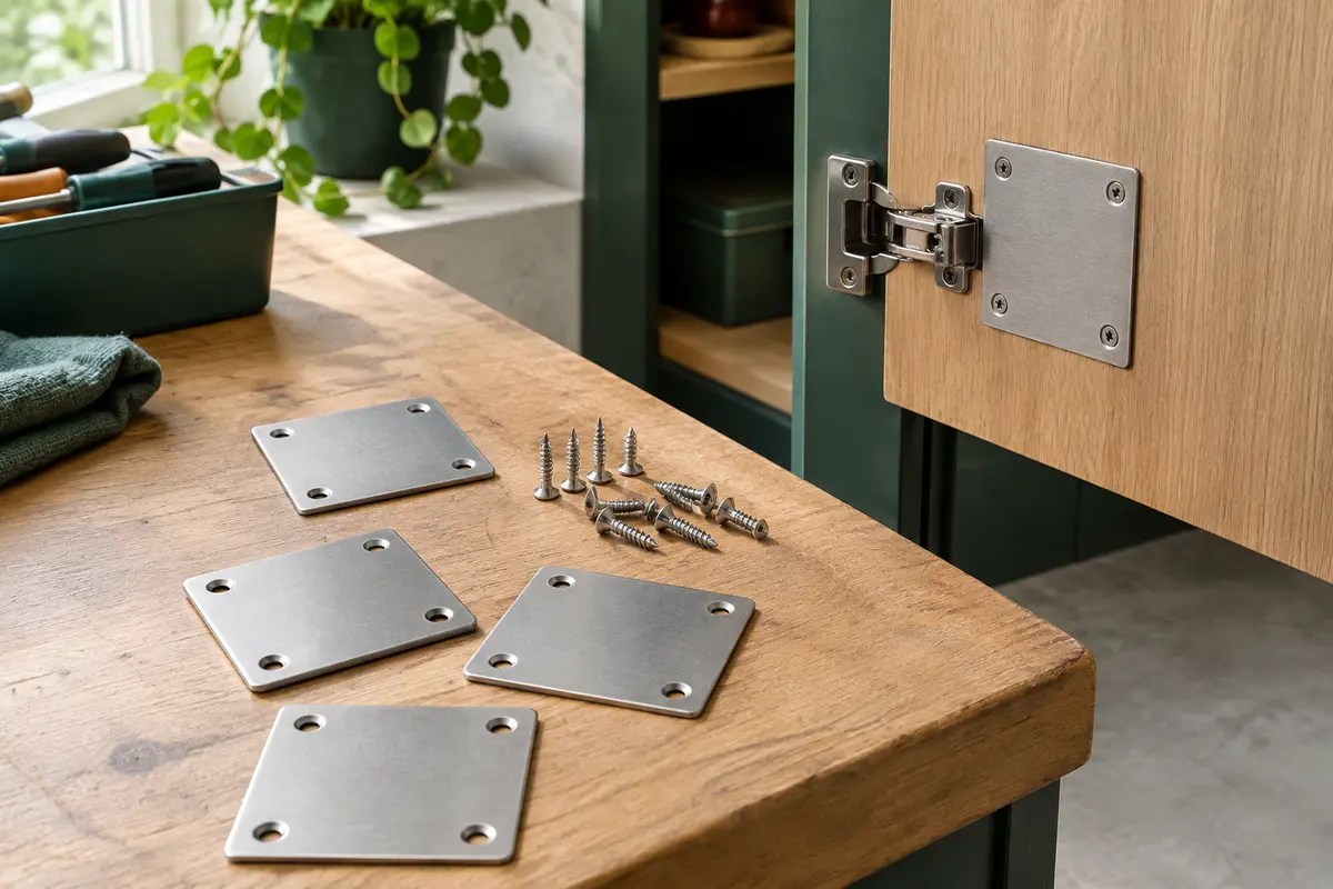 Plaques de réparation de charnière en acier inoxydable avec vis, près d’une porte de placard en bois