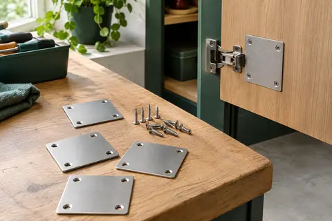 Plaques de réparation de charnière en acier inoxydable avec vis, près d’une porte de placard en bois
