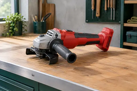 Meuleuse d’angle Einhell rouge sans batterie ni disque, avec poignée supplémentaire, posée sur un établi d’atelier