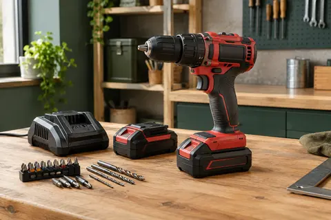 Perceuse-visseuse à percussion rouge et noire avec deux batteries, chargeur et accessoires dans un atelier
