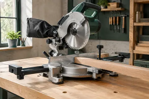 Scie à onglet Einhell sur un établi, avec sa lame, sa table en aluminium et son sac à poussières.