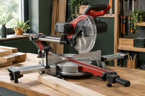 Scie à onglet radiale rouge et noire sur un établi, avec lame circulaire, table métallique et glissière