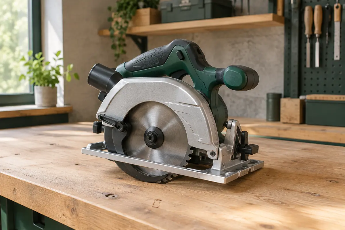 Scie circulaire sans fil Einhell avec semelle en aluminium posée sur un établi en bois