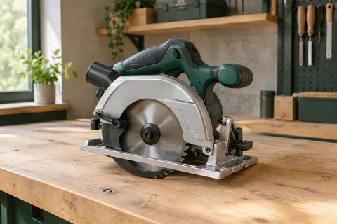 Scie circulaire sans fil Einhell avec semelle en aluminium posée sur un établi en bois