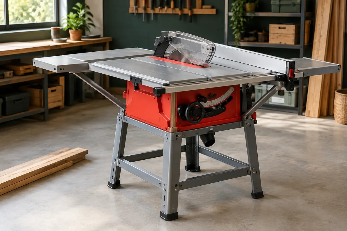 Scie sur table rouge et argentée avec lame carbure, guide parallèle et rallonges latérales dans un atelier