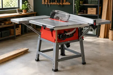 Scie sur table rouge et argentée avec lame carbure, guide parallèle et rallonges latérales dans un atelier