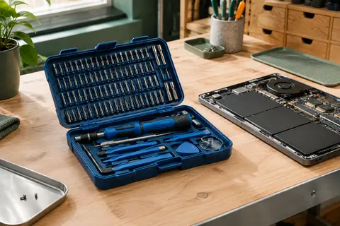 Coffret bleu ouvert de tournevis de précision Eventronic avec embouts et accessoires rangés sur un établi