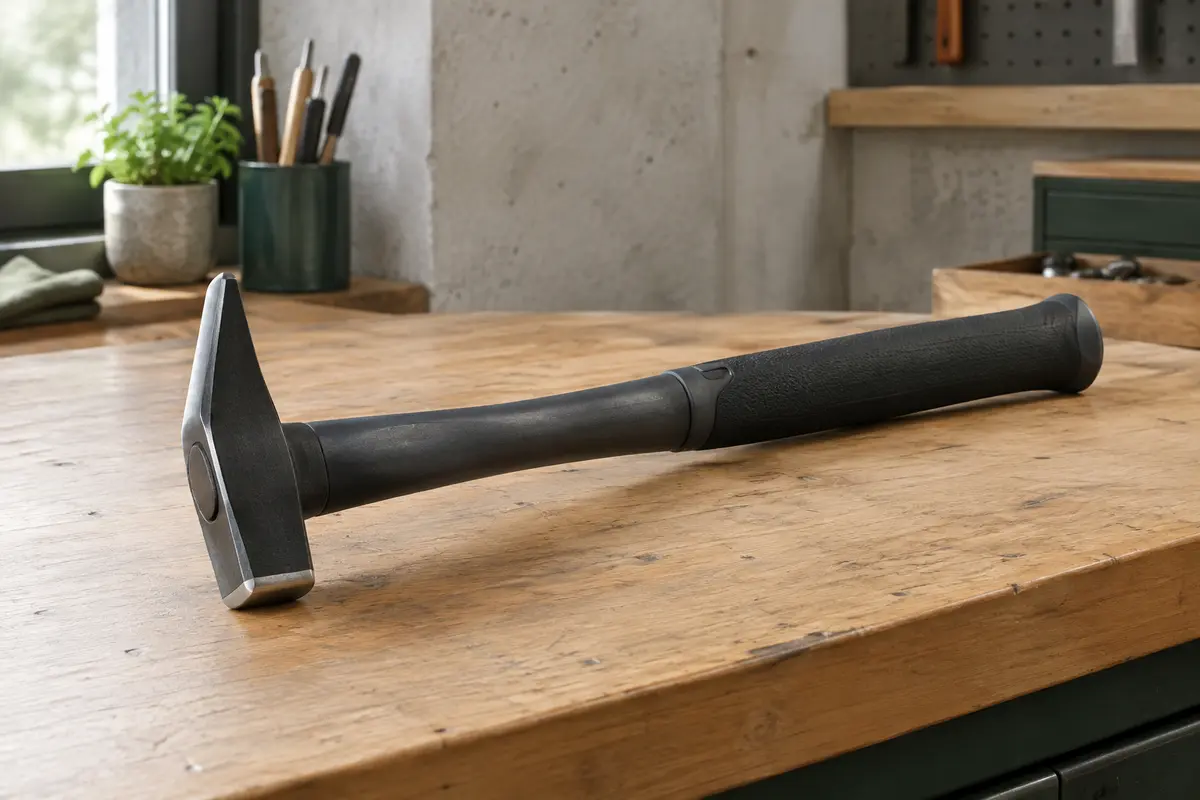 Marteau rivoir noir à manche ergonomique graphite posé sur un établi en bois d’atelier