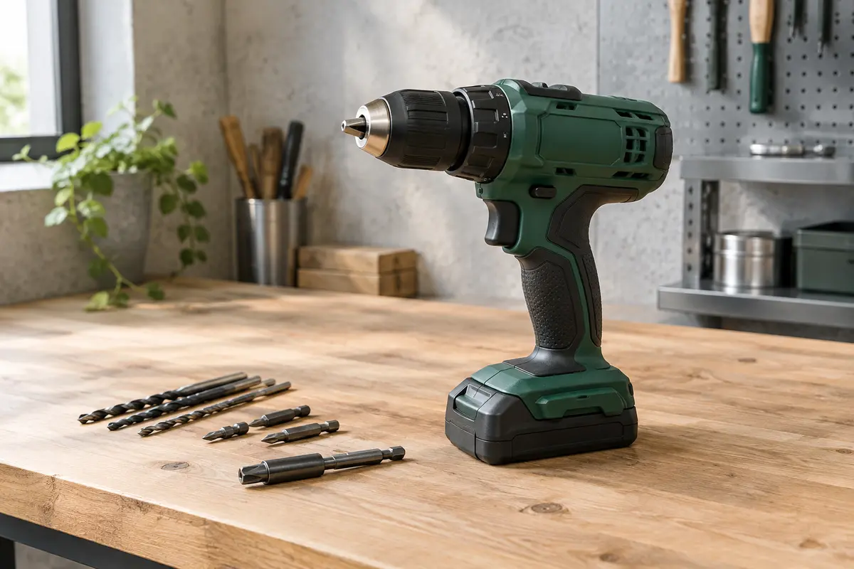 Perceuse-visseuse sans fil verte avec mandrin métallique et accessoires disposés sur un établi en bois.