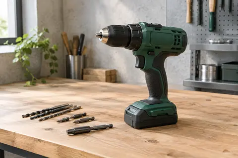 Perceuse-visseuse sans fil verte avec mandrin métallique et accessoires disposés sur un établi en bois.