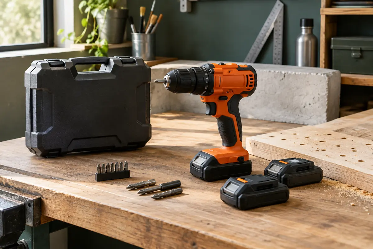 Perceuse-visseuse sans fil orange avec deux batteries et accessoires, posée sur un établi en bois.