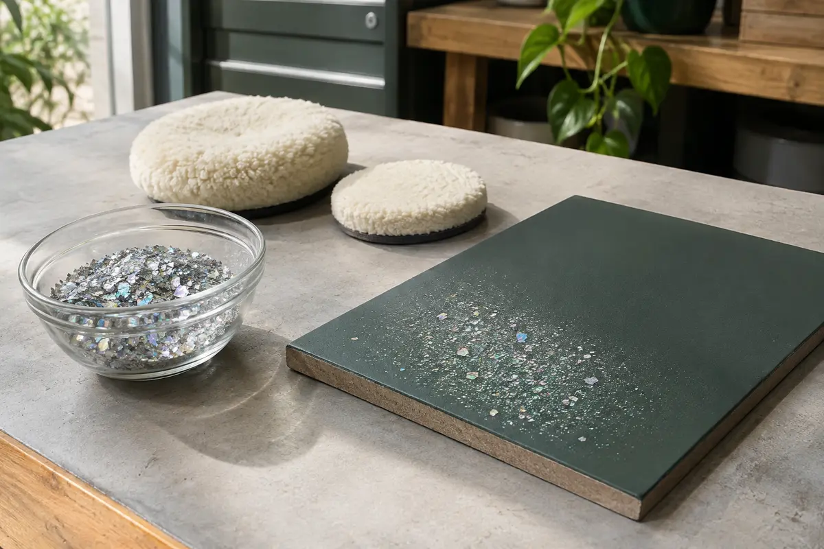 Flocons argent holographique pour peinture avec deux tampons de polissage près d’un panneau d’essai