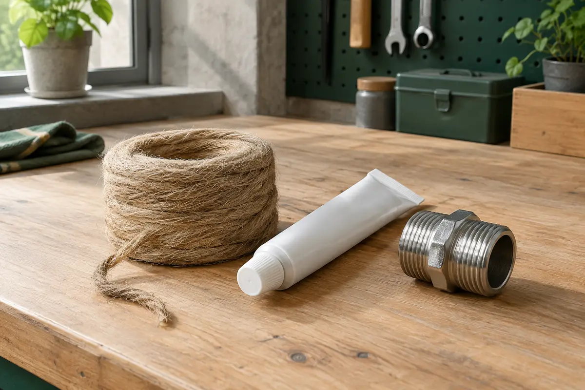 Kit de plomberie avec bobine de chanvre et tube de pâte d’étanchéité près d’un raccord fileté