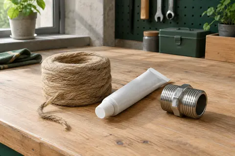 Kit de plomberie avec bobine de chanvre et tube de pâte d’étanchéité près d’un raccord fileté