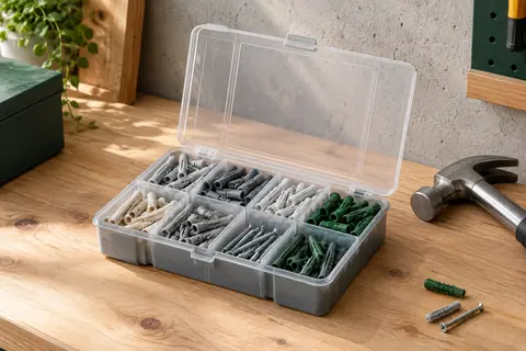 Coffret transparent contenant des chevilles universelles prétriées, posé sur un établi de bricolage.