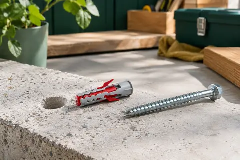 Cheville bi-matière grise et rouge de 8 x 65 mm posée près d’un trou dans du béton clair.