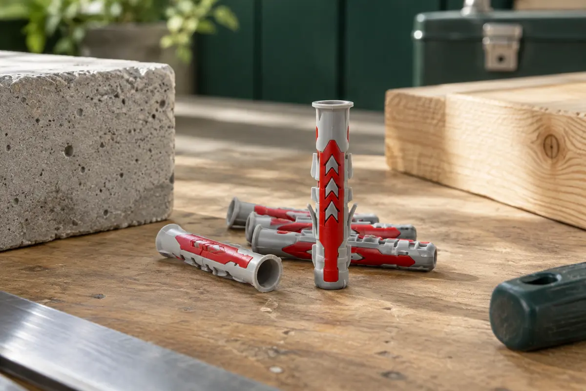 Chevilles fischer DUOPOWER bi-matière 8 x 40 posées sur un établi près d’un échantillon de béton