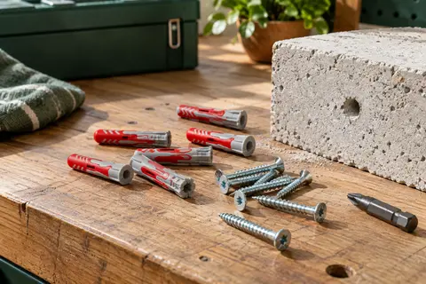 Chevilles fischer DUOPOWER 6 x 30 avec vis à tête fraisée présentées sur un établi de bricolage