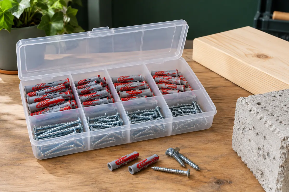 Chevilles grises et rouges fischer DuoPower avec vis cruciformes, rangées par tailles dans une boîte.