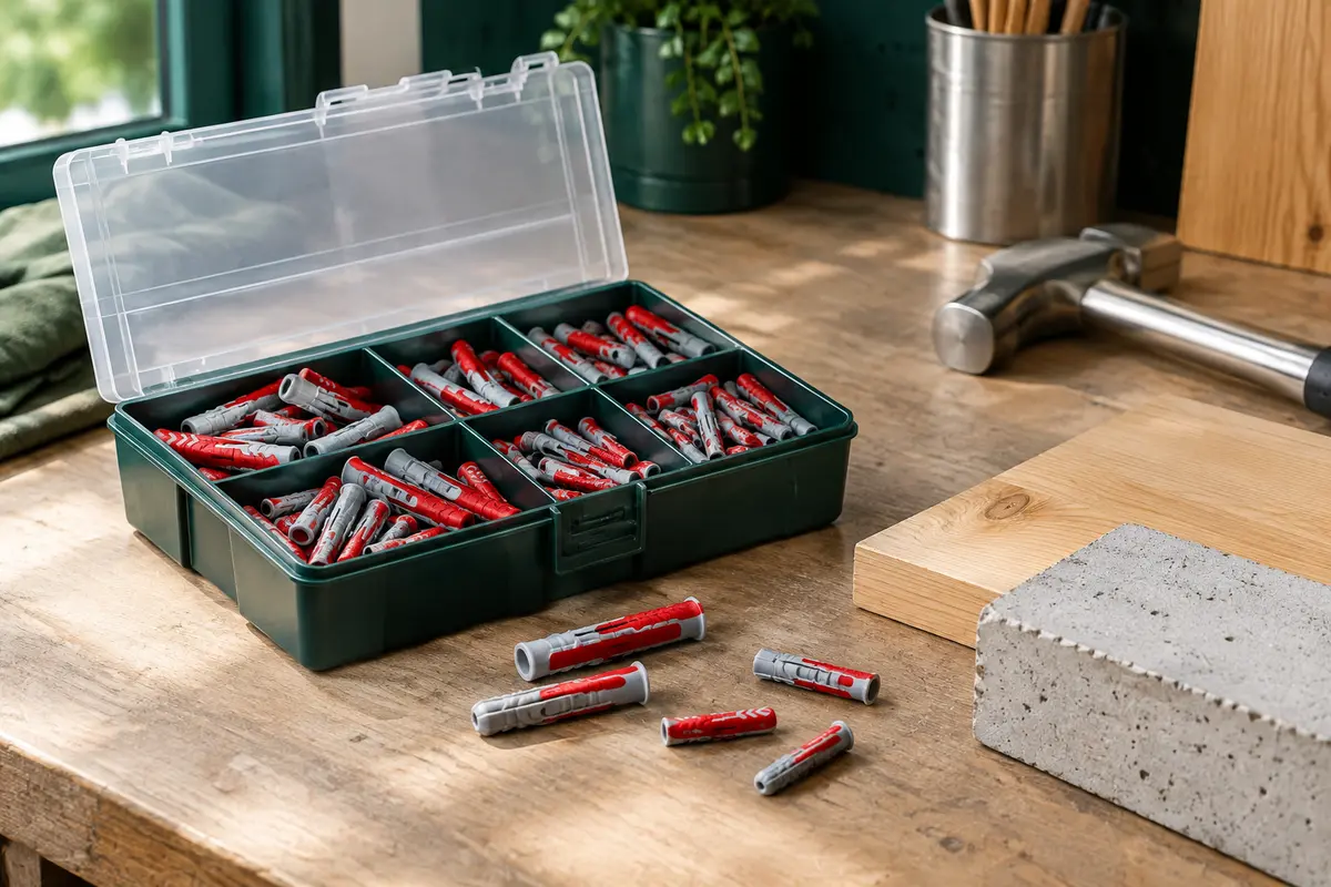 Coffret ouvert d’assortiment de chevilles DuoPower posé sur un établi près de bois et de béton