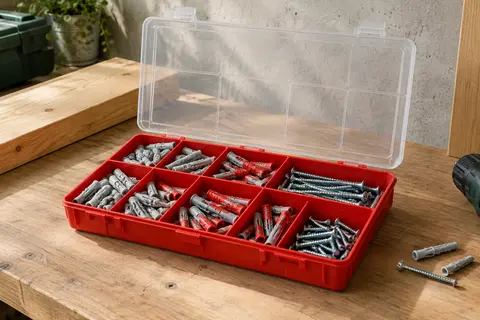 Coffret rouge transparent de chevilles DuoPower grises et rouges avec vis, posé sur un établi de bricolage