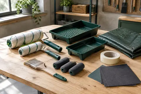 Kit de peinture avec rouleaux, pinceaux, bacs, bâche et accessoires de préparation