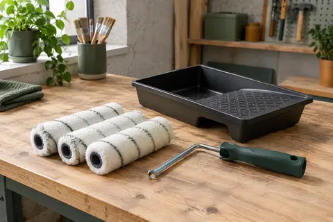 Kit Fit For The Job avec trois rouleaux de peinture, une monture et un bac noir réutilisable