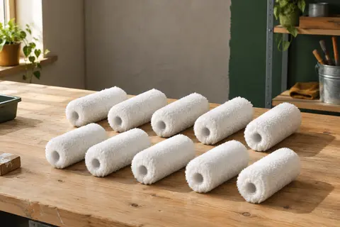 Dix mini rouleaux de peinture blancs à poils moyens, disposés sur un établi en bois clair.