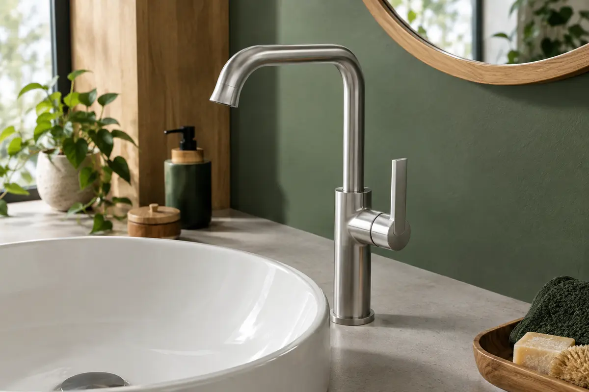 Mitigeur de lavabo FORIOUS en inox brossé, avec levier unique et bec orientable installé sur une vasque