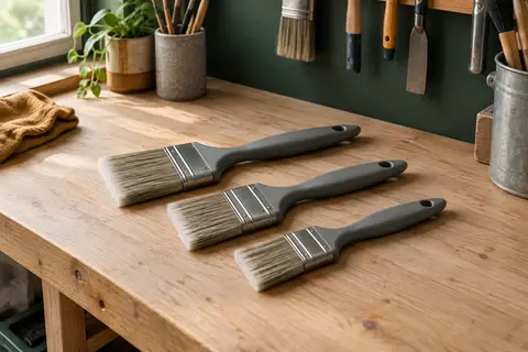 Trois pinceaux plats GRIFEMA à manches gris et viroles métalliques posés sur un établi de peinture