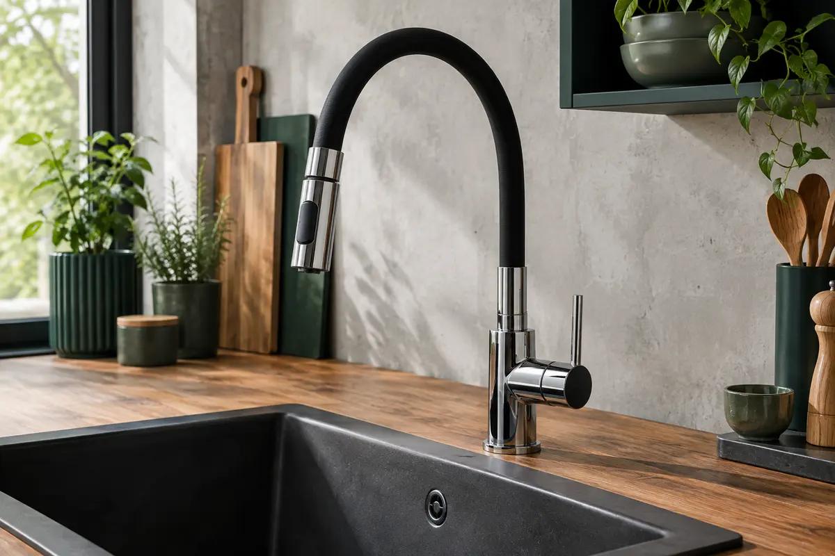 Mitigeur de cuisine GRIFEMA chrome et noir à bec flexible installé sur un évier sobre