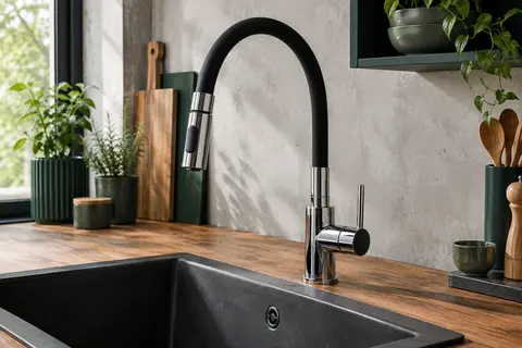 Mitigeur de cuisine GRIFEMA chrome et noir à bec flexible installé sur un évier sobre