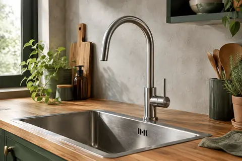 Mitigeur de cuisine GRIFEMA en acier brossé, avec bec haut en arc et poignée monocommande.