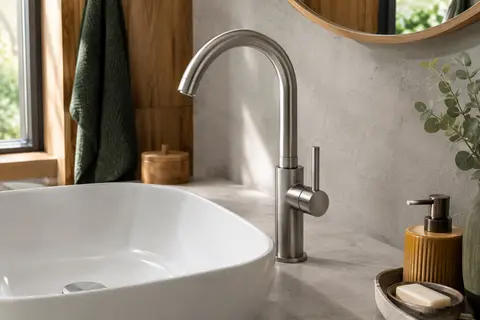Mitigeur de lavabo GRIFEMA gris brossé à bec haut pivotant, installé sur une vasque de salle de bain.