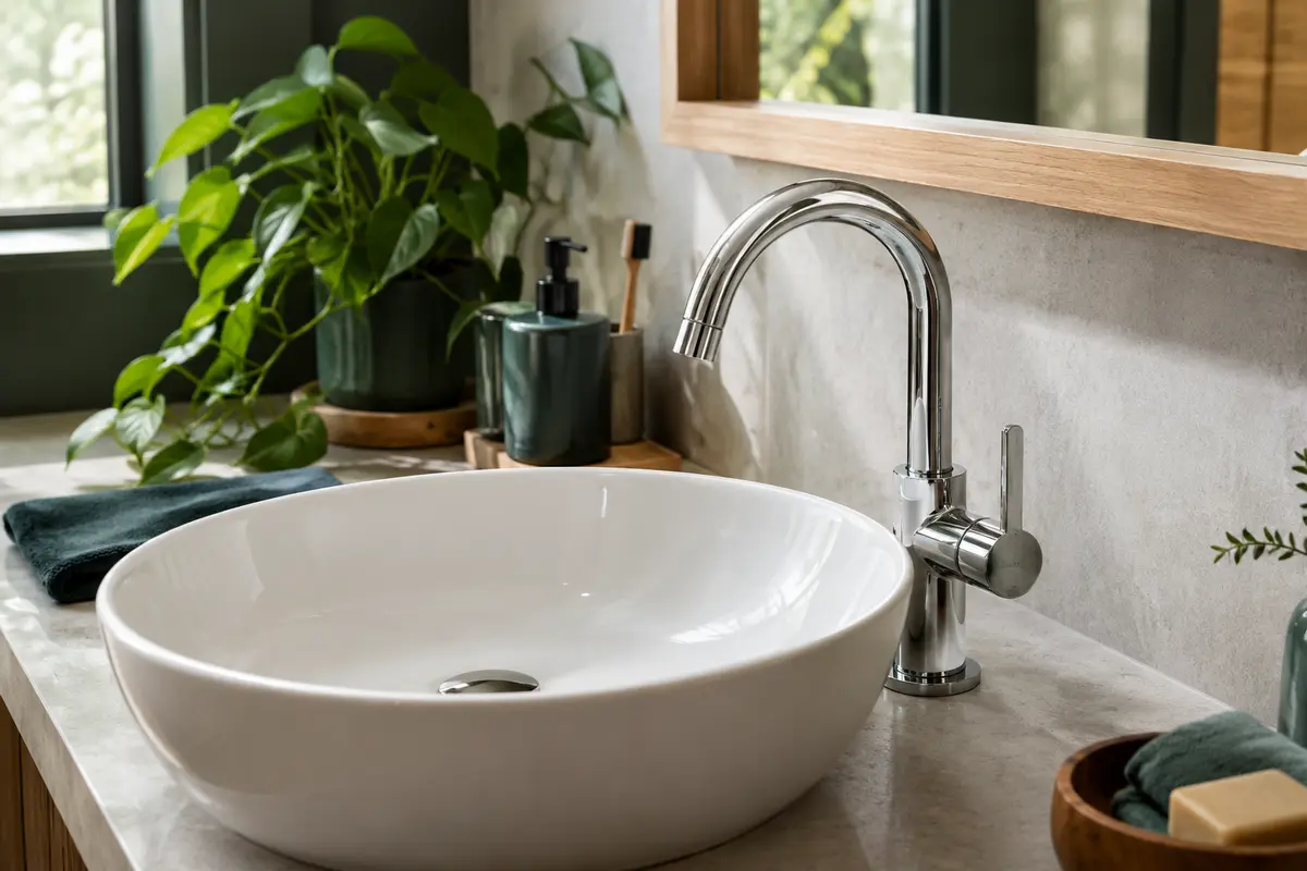 Mitigeur de lavabo chromé à levier unique, installé sur une vasque dans une salle de bain claire.