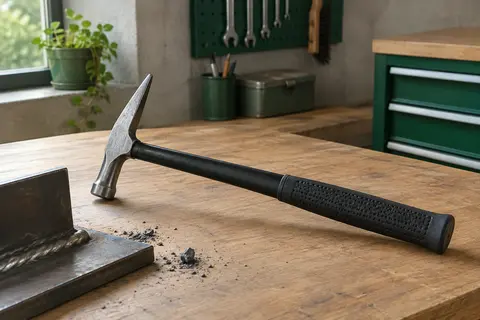 Marteau à piquer GYS à tête en acier forgé et poignée noire en caoutchouc posé sur un établi d’atelier.