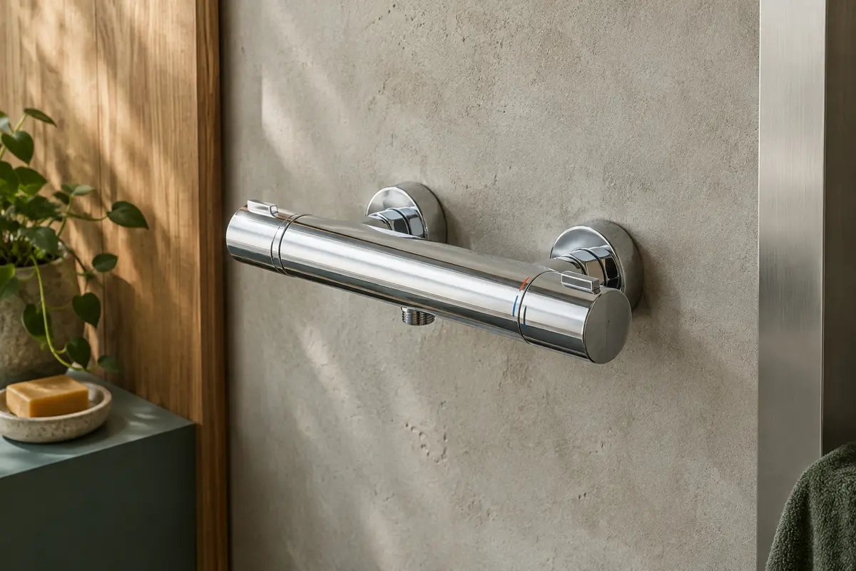 Mitigeur thermostatique de douche mural chromé à deux poignées, installé sur un mur de salle de bain