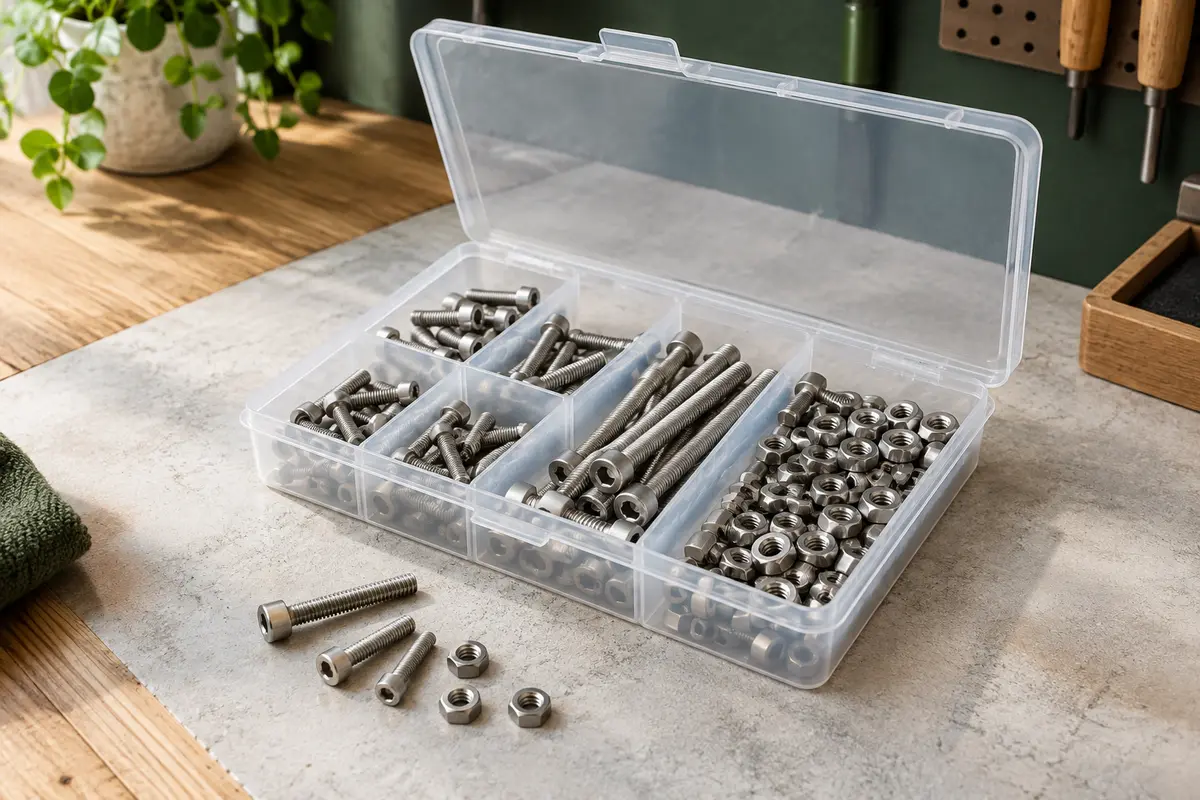 Vis à six pans creux et écrous M3 en inox rangés dans une boîte transparente