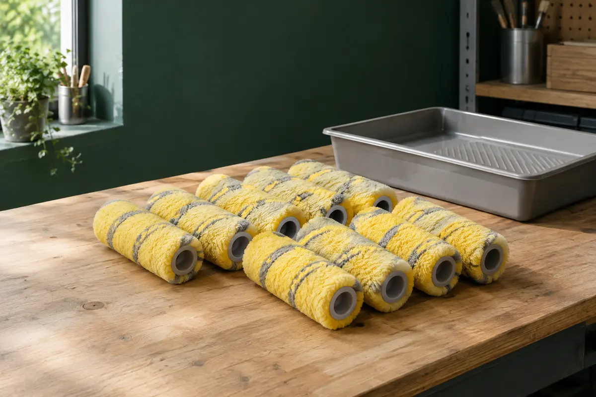 Lot de dix manchons de peinture jaunes et gris de 18 cm posé sur un établi en bois.