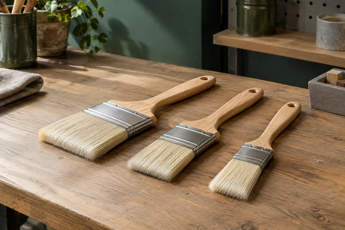 Trois pinceaux plats Hardy à poils synthétiques clairs, manches en bois et viroles en acier