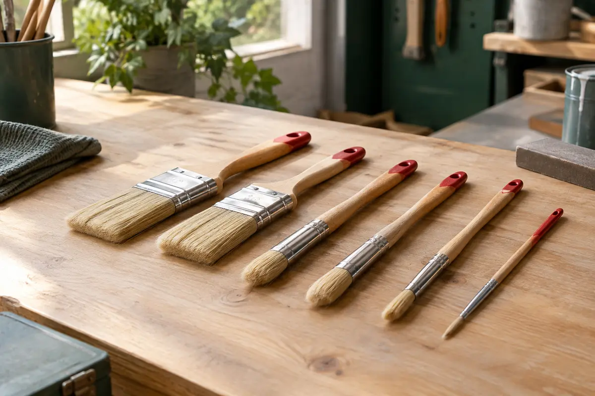 Lot de six pinceaux à poils naturels, avec deux modèles plats, trois ronds et un pinceau fin de précision.