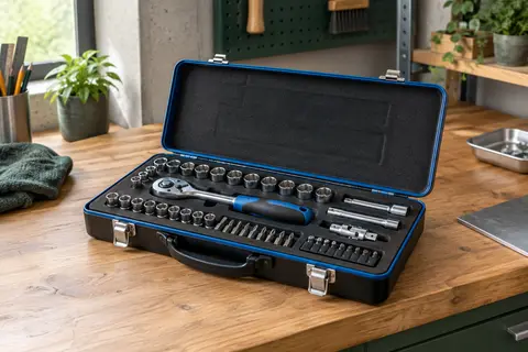 Coffret noir et bleu ouvert avec cliquet 1/4 pouce, douilles chromées, embouts et rallonges rangés.