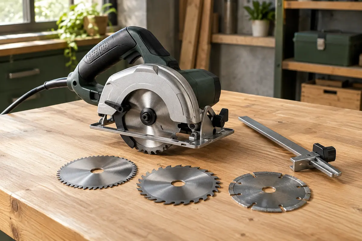 Mini scie circulaire filaire avec carter en aluminium, guide parallèle et trois lames sur un établi