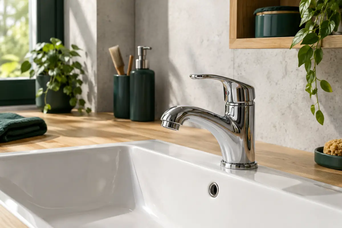 Mitigeur de lavabo chromé à bec bas, avec levier central, installé sur un lavabo de salle de bain.