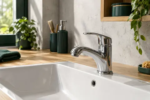 Mitigeur de lavabo chromé à bec bas, avec levier central, installé sur un lavabo de salle de bain.